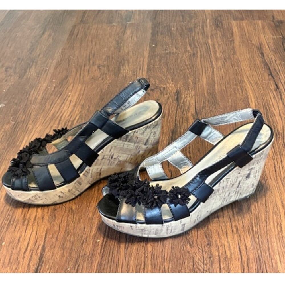 Aeropostale Women’s Size 6 Black Cork Wedge‎ Sandals Floral Strappy Peep Toe